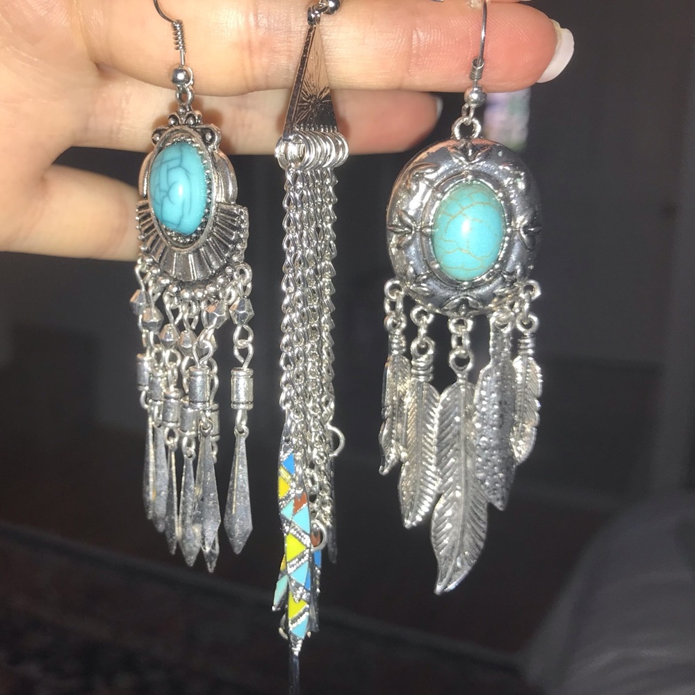 Three Dangly Earrings with Teal and Silver Accent